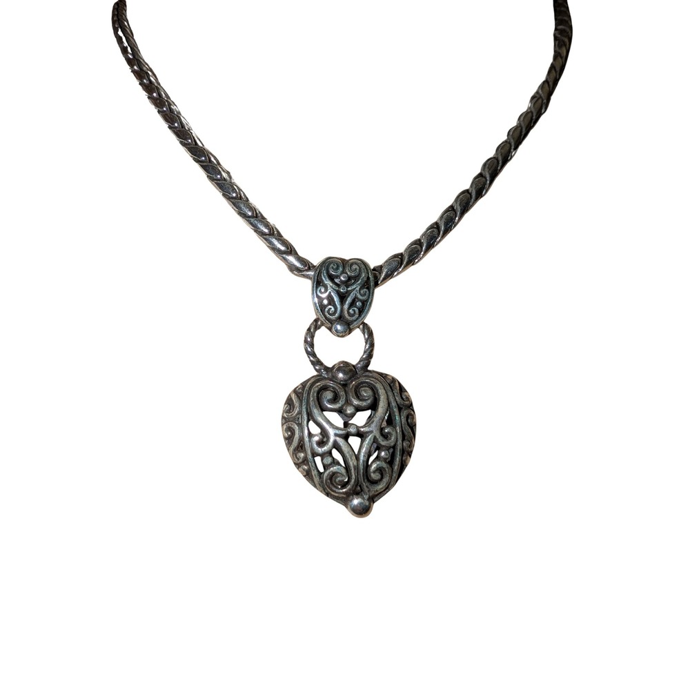 Brighton Silver Filigree Heart Pendant Necklace Braided Wheat Chain 18 Inch‎